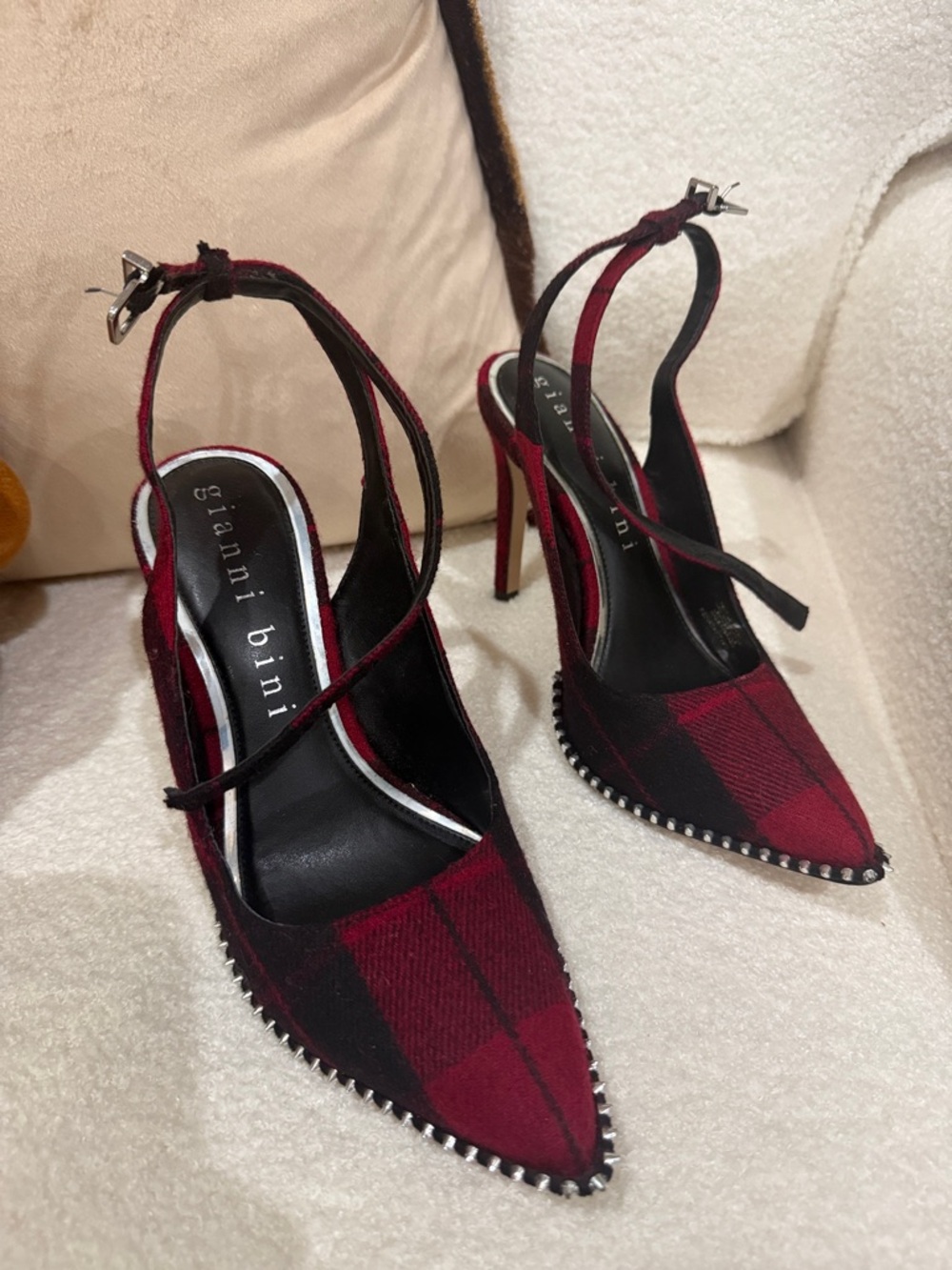 Gianni Bini Red and Black Plaid Pointed Slingback Heels with Stud Trim